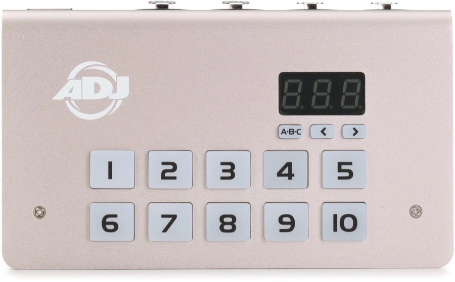 ADJ MyDMX 5 controller — red LED screen with A·B·C and left/right buttons, and scene buttons numbered 1 to 10